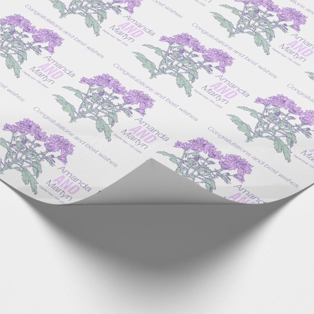 Papier Cadeau Mariage chrysanthemum pourpre nom date envelopper (Coin)