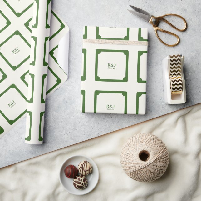 Papier Cadeau Mariage Couple Monogram Vert (Artisanat)