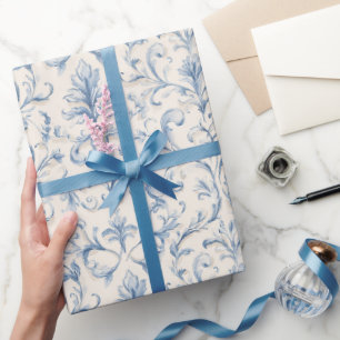 Papier Cadeau Mariage Cream Blue Leaf Fête de Mariée 