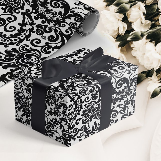 Papier Cadeau Mariage damassé florale moderne noir & blanc éléga (elegant black and white floral damask wedding wrapping paper)