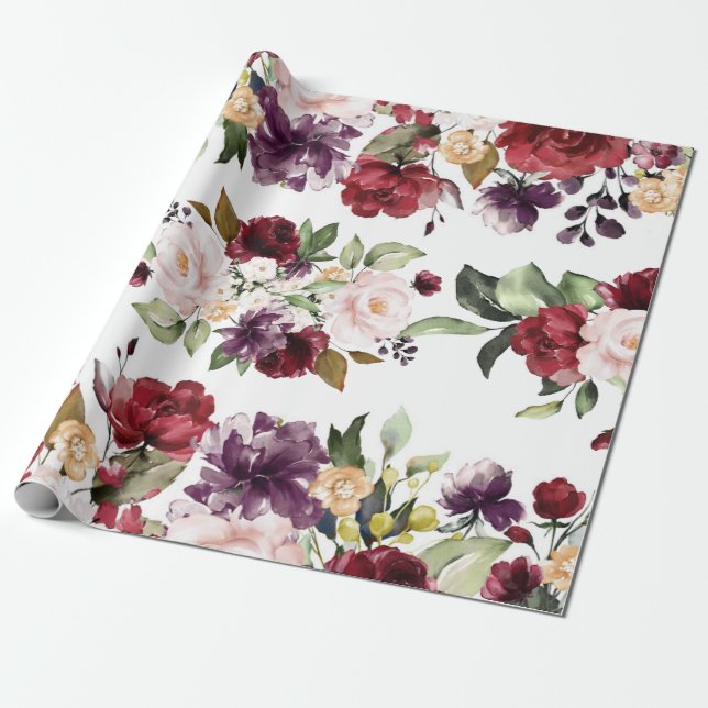 Papier Cadeau Mariage d'aquarelle florale de Marsala de Bourgogn (Déroulé)