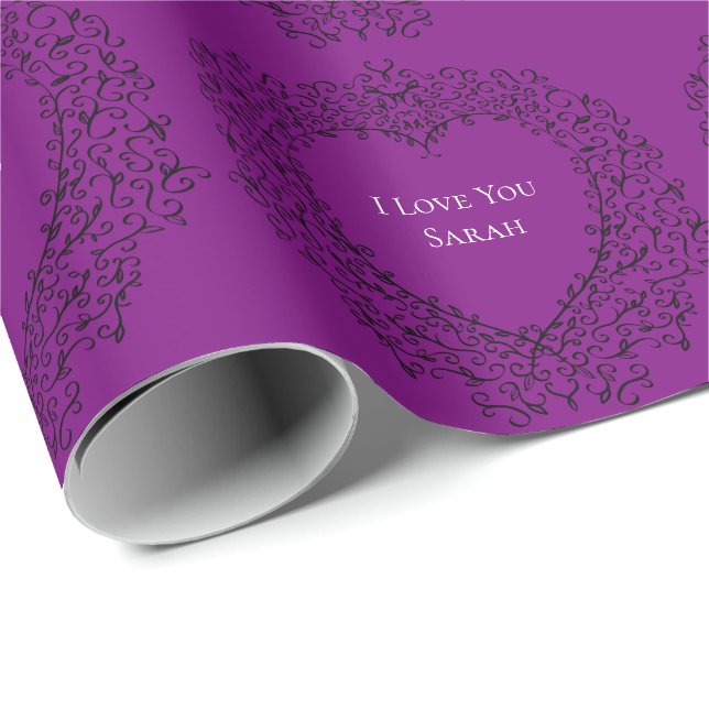 Papier Cadeau Mariage de coeur pourpre et noir (Coin rond)