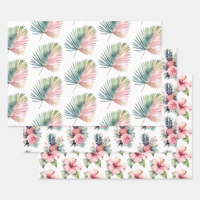 Papier Cadeau Mariage de feuille verte rose tropicale (Lot)