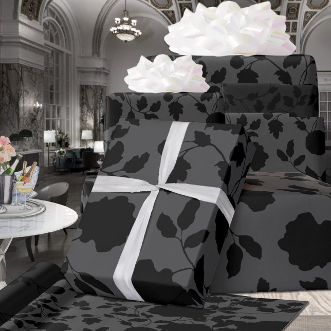 Papier Cadeau Mariage d'élégance florale gris et noir (Créateur téléchargé)