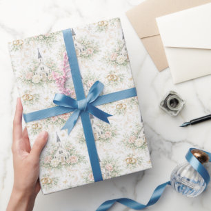 Papier Cadeau Mariage Élégant Aquarelle Église Floraux Anneaux