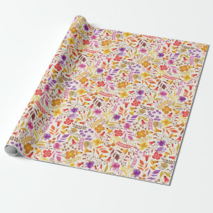 Papier Cadeau Mariage Fleur Sauvage Bohème Orange Violet