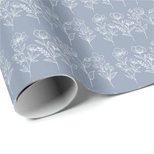 Papier Cadeau Mariage Fleuris Bleu Poussiéreux Vintage