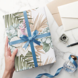 Papier Cadeau Mariage Fleurs Blanches Bleues Tropicales