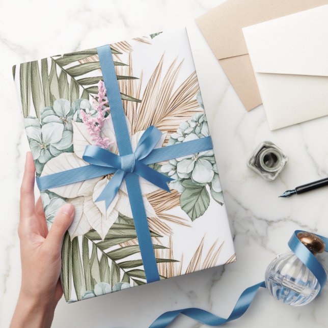 Papier Cadeau Mariage Fleurs Blanches Bleues Tropicales (Cadeaux)