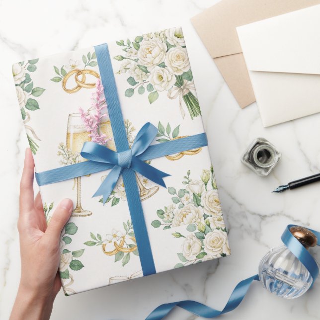 Papier Cadeau Mariage Fleurs Blanches Feuillage (Cadeaux)