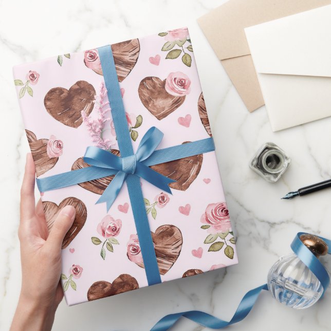 Papier Cadeau Mariage Fleurs de Cœur Roses Brun Rose (Cadeaux)
