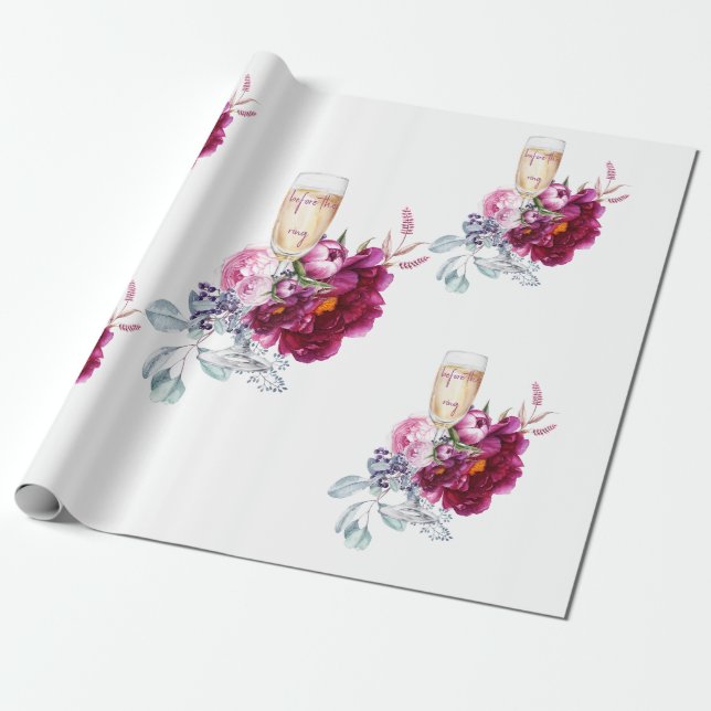 Papier Cadeau Mariage Fleurs de Magenta Champagne Avant la Bague (Déroulé)
