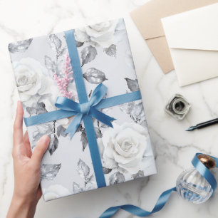 Papier Cadeau Mariage floral gris argenté chic et blanc