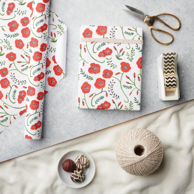 Papier Cadeau Mariage floral moderne des pavots rouges (Artisanat)