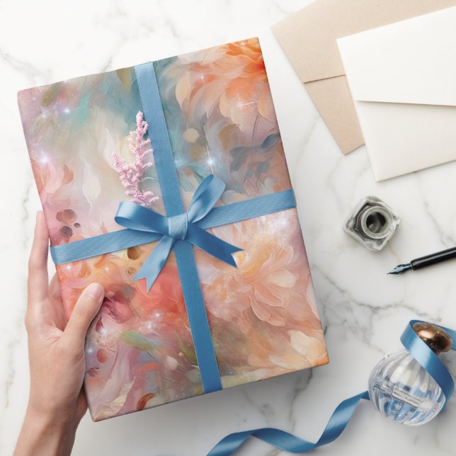 Papier Cadeau Mariage floral orangé rose (Cadeaux)