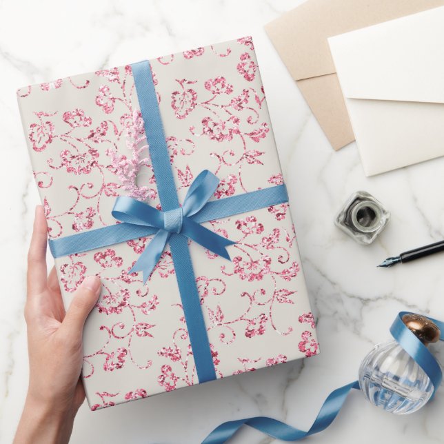 Papier Cadeau Mariage Floral Pailleté Rose Crème Romantique (Cadeaux)