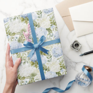 Papier Cadeau Mariage Floral Romantique Hydrangea Bleu Blanc