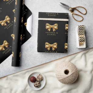 Papier Cadeau Mariage Luxe Noir et Or  Ruban Doré