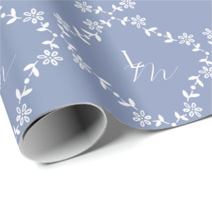Papier Cadeau Mariage Monogramme bleu et blanc