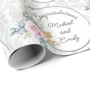 Papier Cadeau Mariage Personnaliser Aquarelle Rose Roses Damas