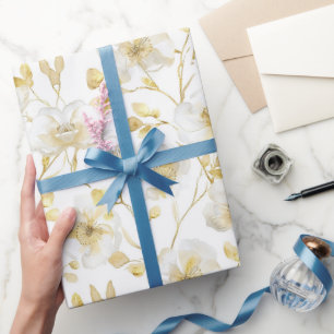 Papier Cadeau Mariage Romantique Or Blanc Floral Fête de Mariage