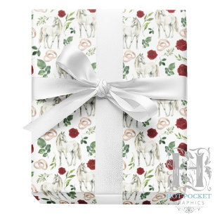 Papier Cadeau Mariage rustique floral rouge équestre