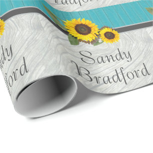 Papier Cadeau Mariage rustique tournesol Turquoise bois gris boi