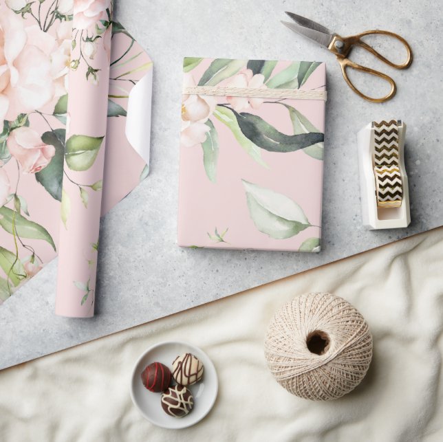 Papier Cadeau Mariage vert Eucalyptus rose (Artisanat)