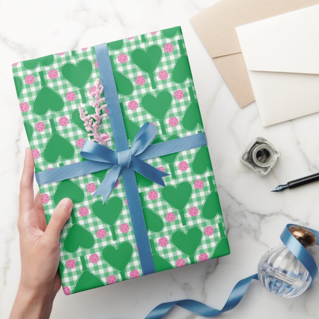 Papier Cadeau Mariage vert Prépa et rose Gingham Pickleball (Cadeaux)