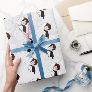 Papier Cadeau Mariée et fille sur Damas blanc