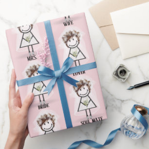 Papier Cadeau Mariée Fille Bâton en Baskets sur Fond Rose