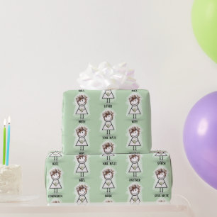 Papier Cadeau Mariée Fille Bâton en Baskets sur Fond Vert