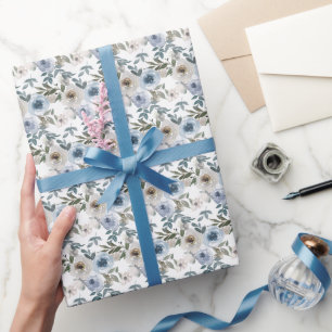 Papier Cadeau Mariée Fleurie Bleu Poussiéreux Aquarelle