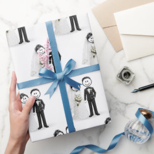 Papier Cadeau Mariés Figurine Bâton Mariée et Marié