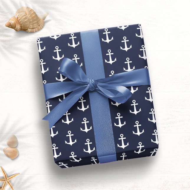 Papier Cadeau Marine Bleu Ancre blanche Nautique (Créateur téléchargé)