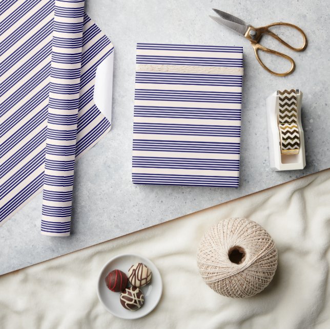 Papier Cadeau Marine bleu et beige cinq bandes motif (Artisanat)