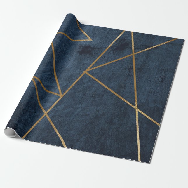 Papier Cadeau Marine Bleu Or Géométrique Design Chic (Déroulé)