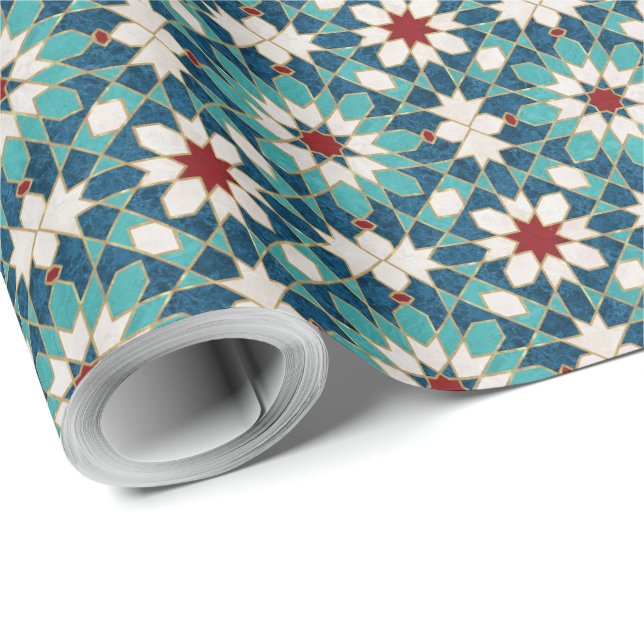 Papier Cadeau Marine Bleu Turquoise Blanc Marbre Rouge Marbre Ma (Coin rond)