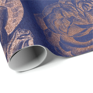 Papier Cadeau Marine bleue florale métallique d'or de rose de