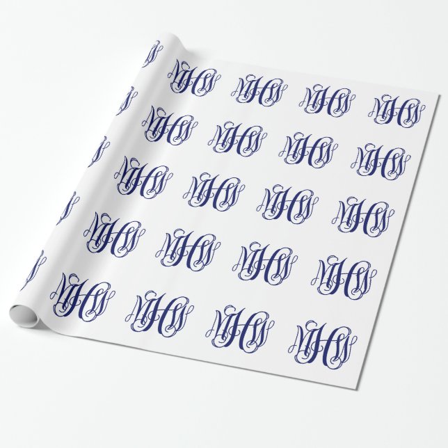 Papier Cadeau Marine Blue 3 Initiales Vine Script Monogramme do- (Déroulé)