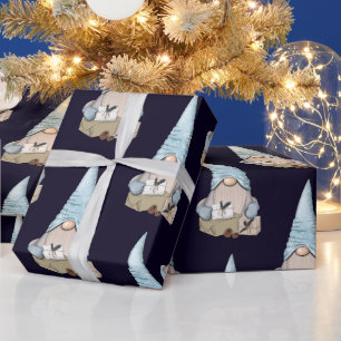 Papier Cadeau Marine Blue Nordic Neige Gnome Noël