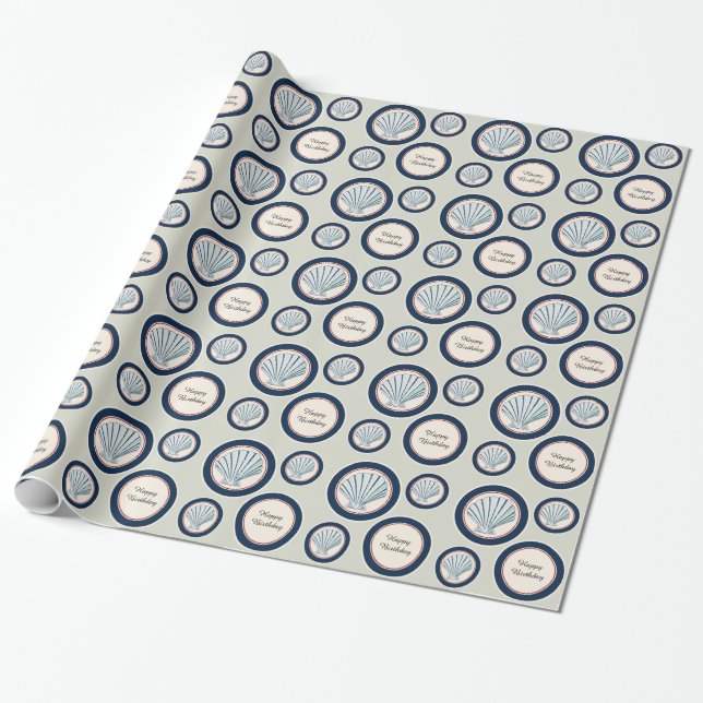 Papier Cadeau Marine Blue Red Beach Coques de la mer Anniversair (Déroulé)