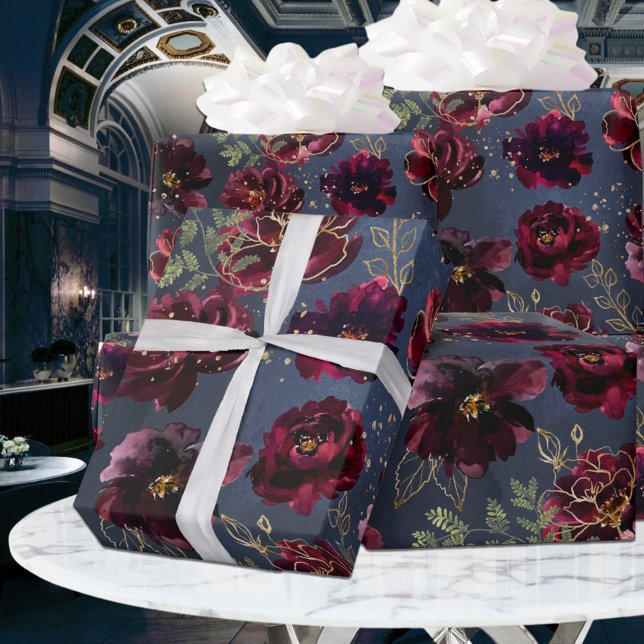 Papier Cadeau Marine Bordeaux Jewel Tone Burgundy Peony Mariage (Créateur téléchargé)