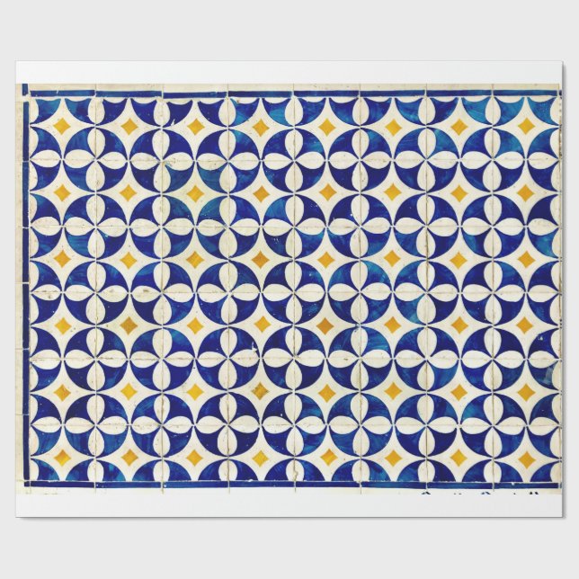 Papier Cadeau Marine marocaine Espagnole Tile Bleu Blanc Jaune (Plat)