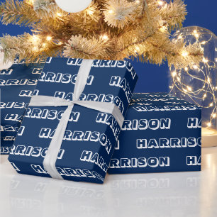 Papier Cadeau Marine moderne bleu blanc nom personnalisé texte 