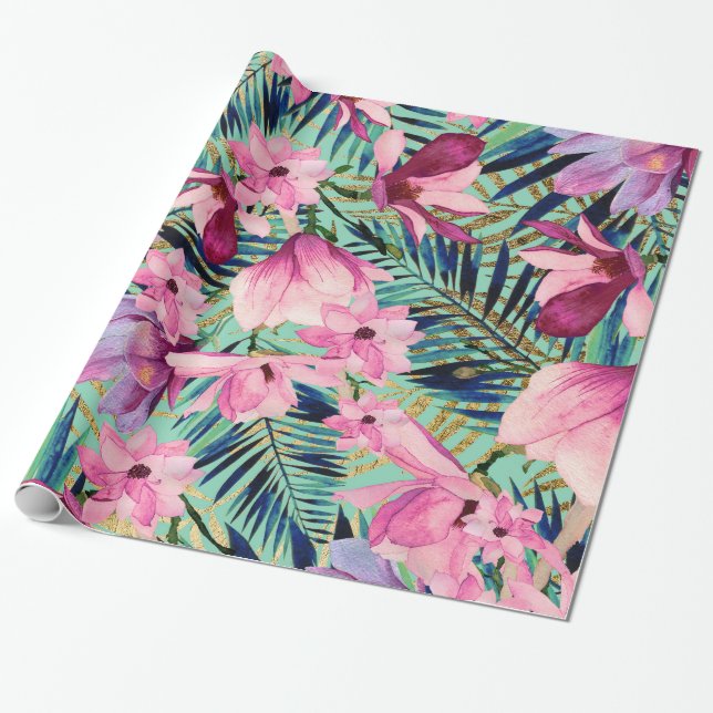 Papier Cadeau Marine rose tropicale bleu aqua or moderne fleuri (Déroulé)
