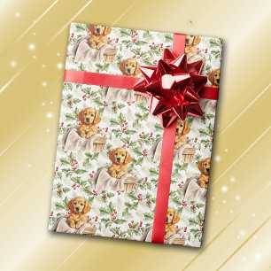 Papier Cadeau Marionnette d'or retriever dans le panier Noël Hol