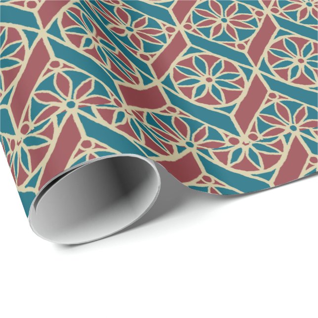 Papier Cadeau Maroon, Motif ethnique Turquoise, Fleurs, Chevrons (Coin rond)