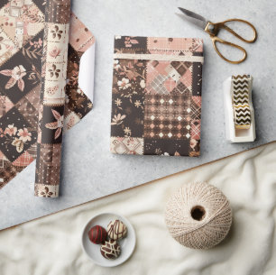 Papier Cadeau Marron Rose Patchwork Floral Cottagecore Gingham