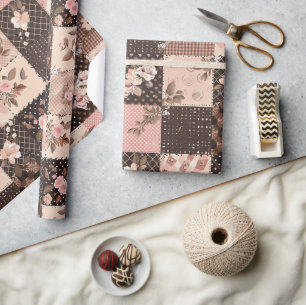 Papier Cadeau Marron Rose Patchwork Floral Cottagecore Gingham